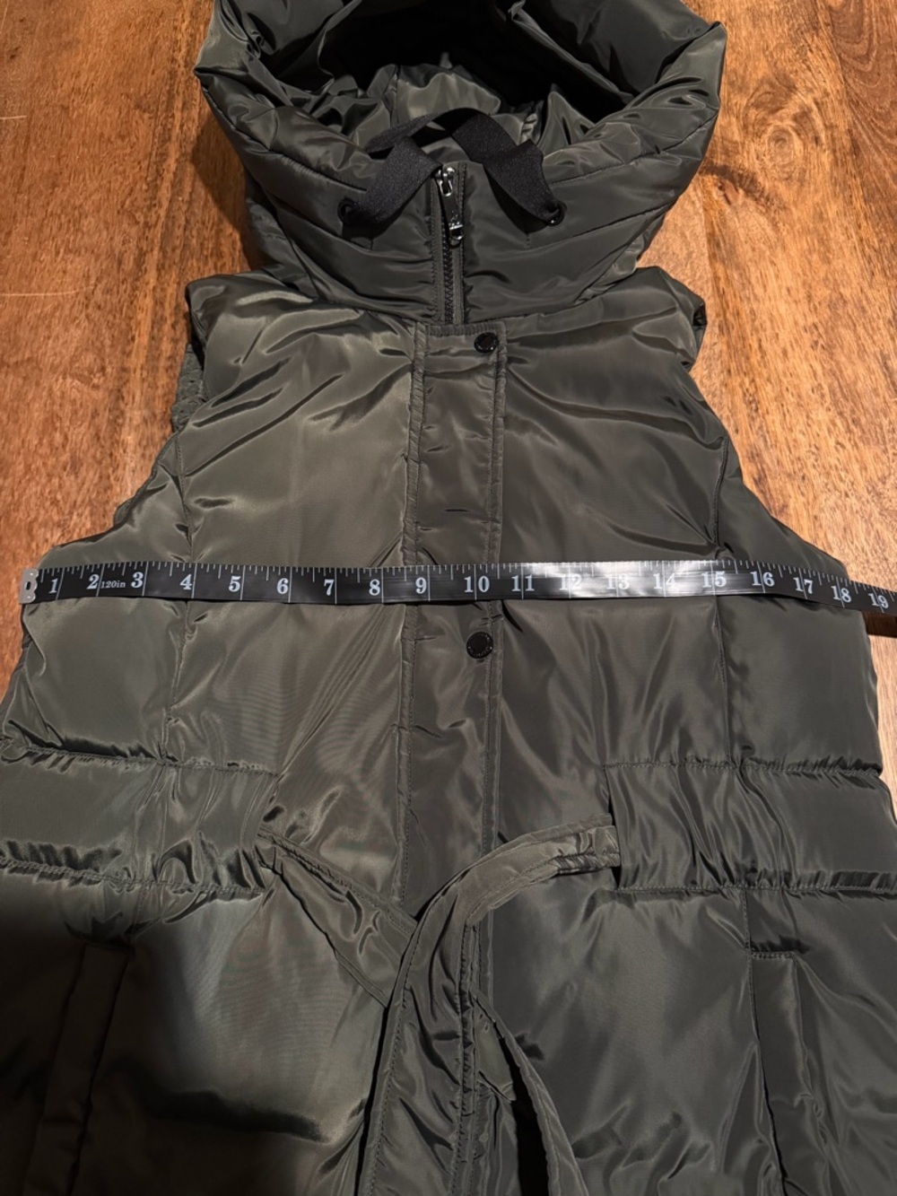 Sam Edelman Hooded Long Puffer Vest Dark Olive Green Small Adjustable Waist - S - Picture 12 of 16